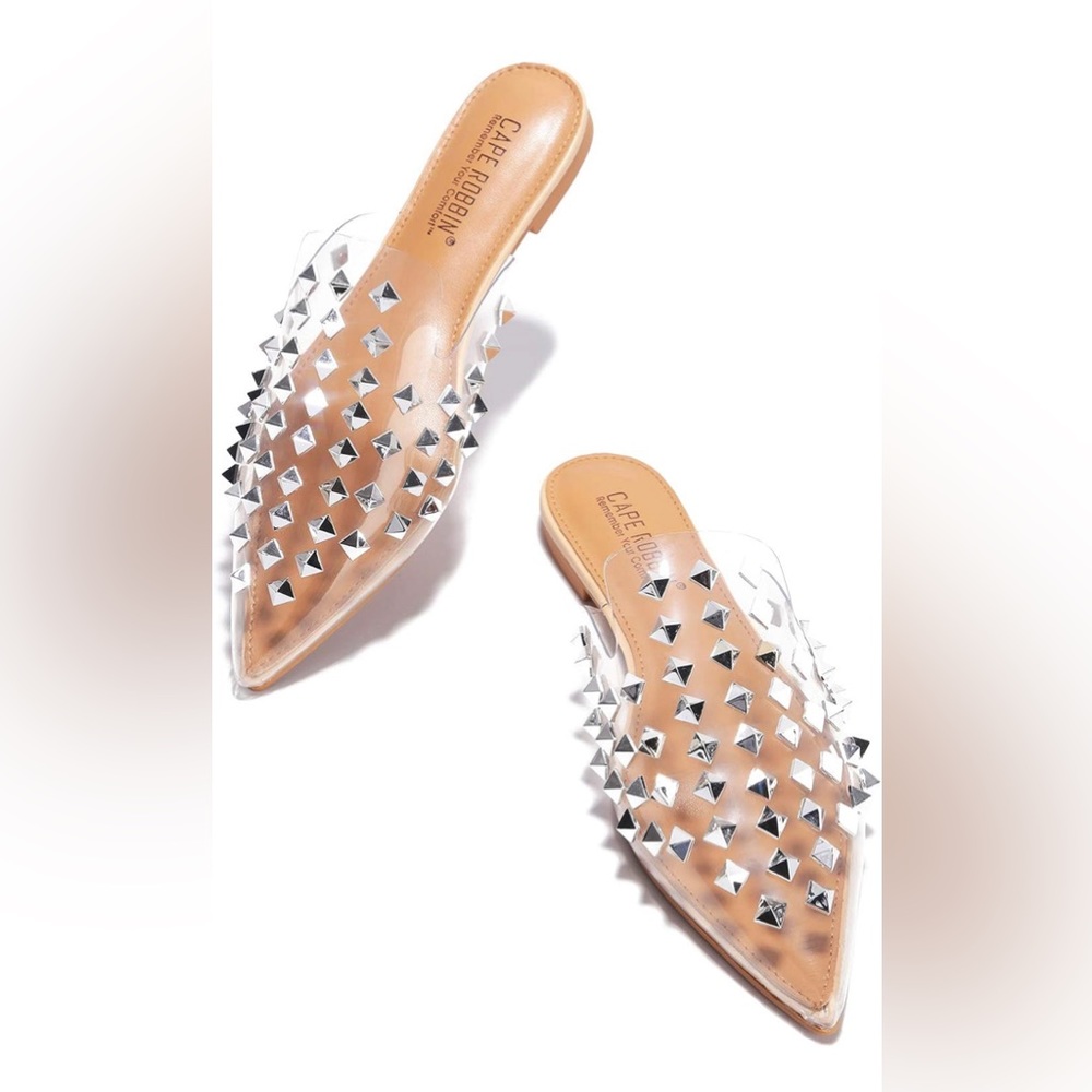 Clear silver spiked mules